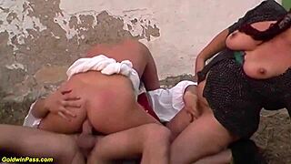 Grannies and teens in wild farm anal orgy frenzy