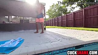 Cuckold husband watches brunette milf wife take huge bbc doggystyle outdoors in bikini.