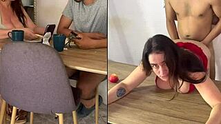 curvy colombian milf and young anal doggystyle on table