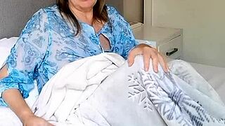 busty mature mommy strips panties for taboo holiday morning pussy tease