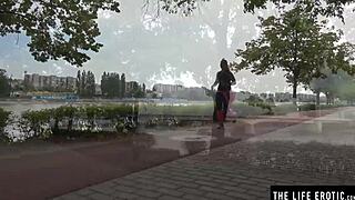 Hey cute brunette jogger fingers pussy outdoors almost caught masturbating public park