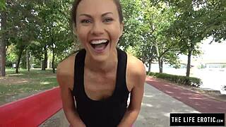 Hey cute brunette jogger fingers pussy outdoors almost caught masturbating public park