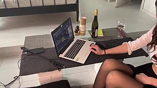 Sexy milf secretary glasses big tits lingerie stockings cums hard watching porn homemade