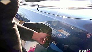 big tits wife flashes then chokes on stranger's huge cock in public lot