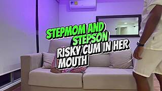 Stepmom gulps stepson's creampie mouthful in taboo blowjob