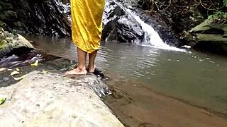 auntie gets public assfucking by nephew while bathing in jungle pond