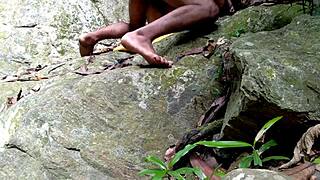 auntie gets public assfucking by nephew while bathing in jungle pond