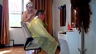 nudist barbershop lady strips apron shocking client on cam