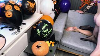 Dude, pregnant milf in pantyhose takes mmf pounding at halloween bash!