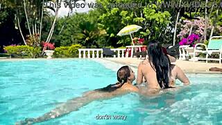 CURVY LATINAS LICK PUSSY BY POOL IN LESBIAN 3SOME