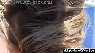 busty milf vicky vette titjobs cock by pool cumshot