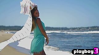 damn this small tits babe strips on beach flashing her pussy