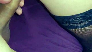 Stockings milf spreads legs wide for anal teasing closeup