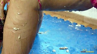 blonde milf's shaved pussy licked messy by bikini friend heels dildo fun on floor turns lesbian wild