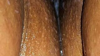 watch this fat latina milf's tight hairy pussy drip as hubby fucks her closeup?