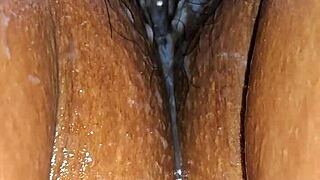 watch this fat latina milf's tight hairy pussy drip as hubby fucks her closeup?