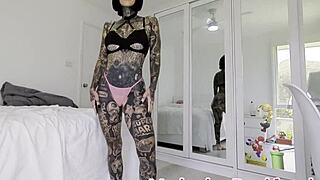 Wife tries skinniest pink micro bikini chains exposing ass tits tattoos