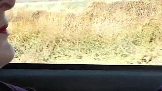 Slutty Blonde Milf Flashes Hairy Pussy from Stocking Car