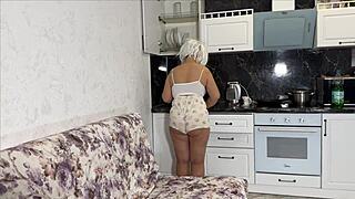 Stepmom cooks breakfast then takes stepson anal pounding.