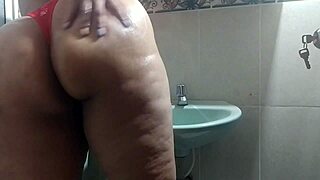 milf caliente masturbates wildly in boss bathroom with huge dildo