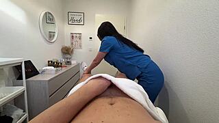 skinny nurse milf deepthroats patient in oiled hospital handjob