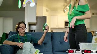 stepdad's cock hardens big tits milf katie and teen angel suck it double