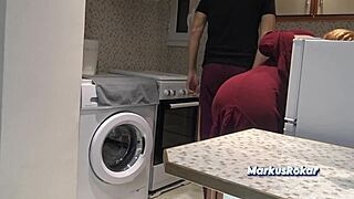 Stepmom's Kitchen Taboo: No Sex but Fat Ass Cumshot from Step-Son Jerk-Off