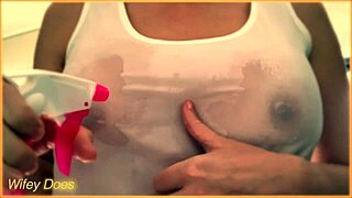 hey check my wife showing off those amazing tits thru her wet braless singlet