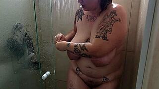 Chubby latina milf showers saggy tits post-gym!