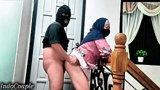 Muslim hijab sister-in-law ties punishes cheating wife at staircase