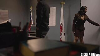 Horny ebony babe takes big black cock in rough threesome pounding with huge dick guy