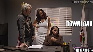 Horny ebony babe takes big black cock in rough threesome pounding with huge dick guy