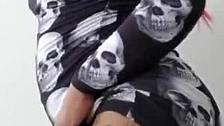 voyeur under skirt no panties shaved pussy dildo tease!