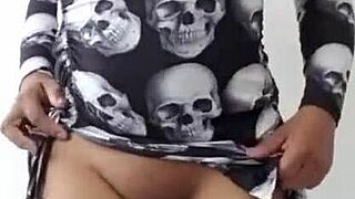 voyeur under skirt no panties shaved pussy dildo tease!