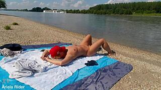 Ariela Rider flashes shaved pussy publicly on Danube bank