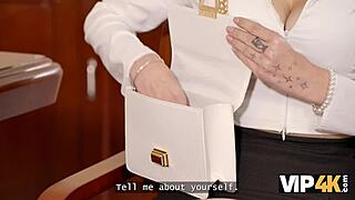 Vip4k. Sexy blonde long legs big tits fucked in interview