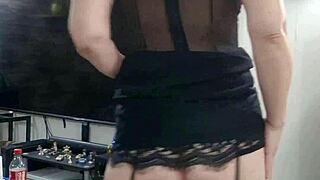 Mature milf strips slowly in sexy lingerie stockings and nylon panties exposing small tits