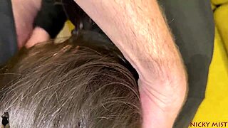 Asian milf slut in miniskirt and buttplug, wanna watch her suck big uncut cock with those huge nipples?