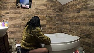 ripped fur coat pantyhose leads to naughty pee bathtub play?
