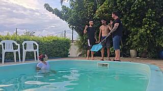 latina milf fucks husband's friends in kitchen while he cleans pool