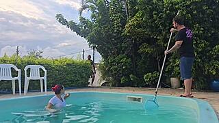 latina milf fucks husband's friends in kitchen while he cleans pool