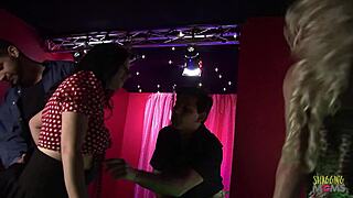 Brunette and blonde milfs with big boobs take anal threesome to the bar