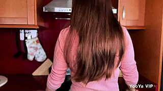 stroke my heavy tits right here in the kitchen slave!