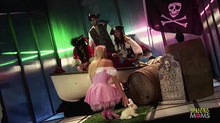 alice in wonderland orgy: two guys destroy three milfs' shaved pussies cowgirl style