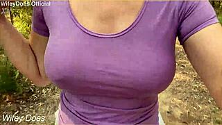 Hot wifey flashes big milf tits outdoors
