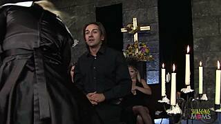 milfs in stockings seduce man at church for big boob foursome?