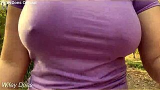 Hot wifey flashes big milf tits outdoors