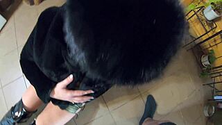 She smokes teases deepthroats then takes cum on fur coat and hat