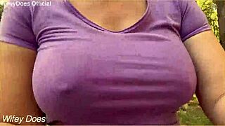Hot wifey flashes big milf tits outdoors