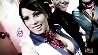 damn look at this busty brunette milf and her friend takin on two costumed studs doggystyle!